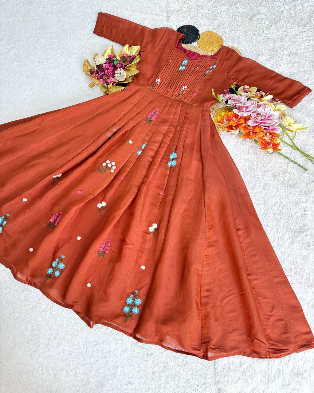 Embroidered Mull Cotton Festival Gown – Elegant Fully Stitched Celebration Wear