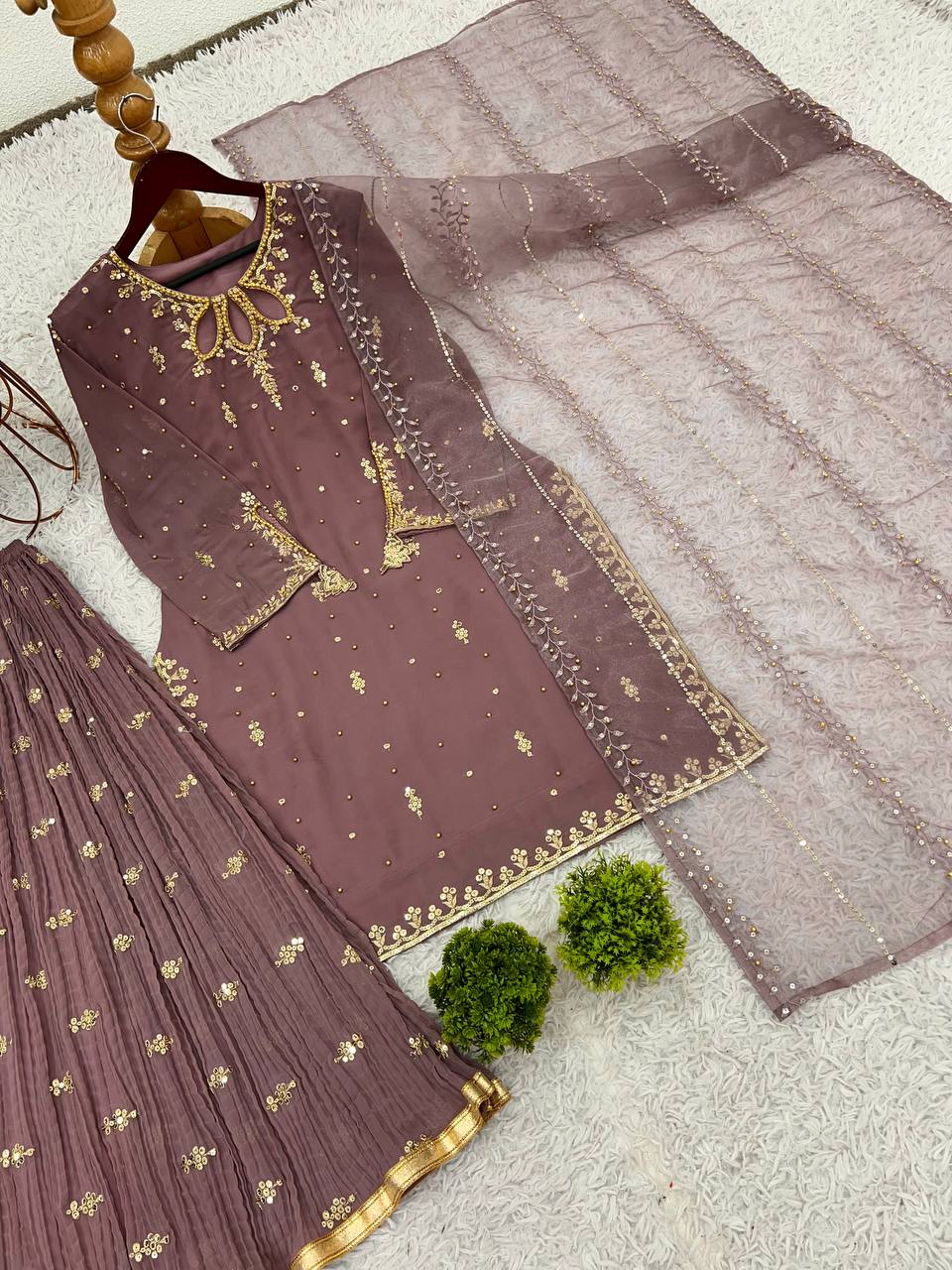 Elegant Combo Outfit Set for Adults and Kids with Embroidered Faux Georgette and Tissue Net Dupatta