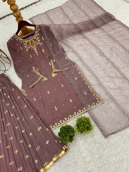 Elegant Combo Outfit Set for Adults and Kids with Embroidered Faux Georgette and Tissue Net Dupatta