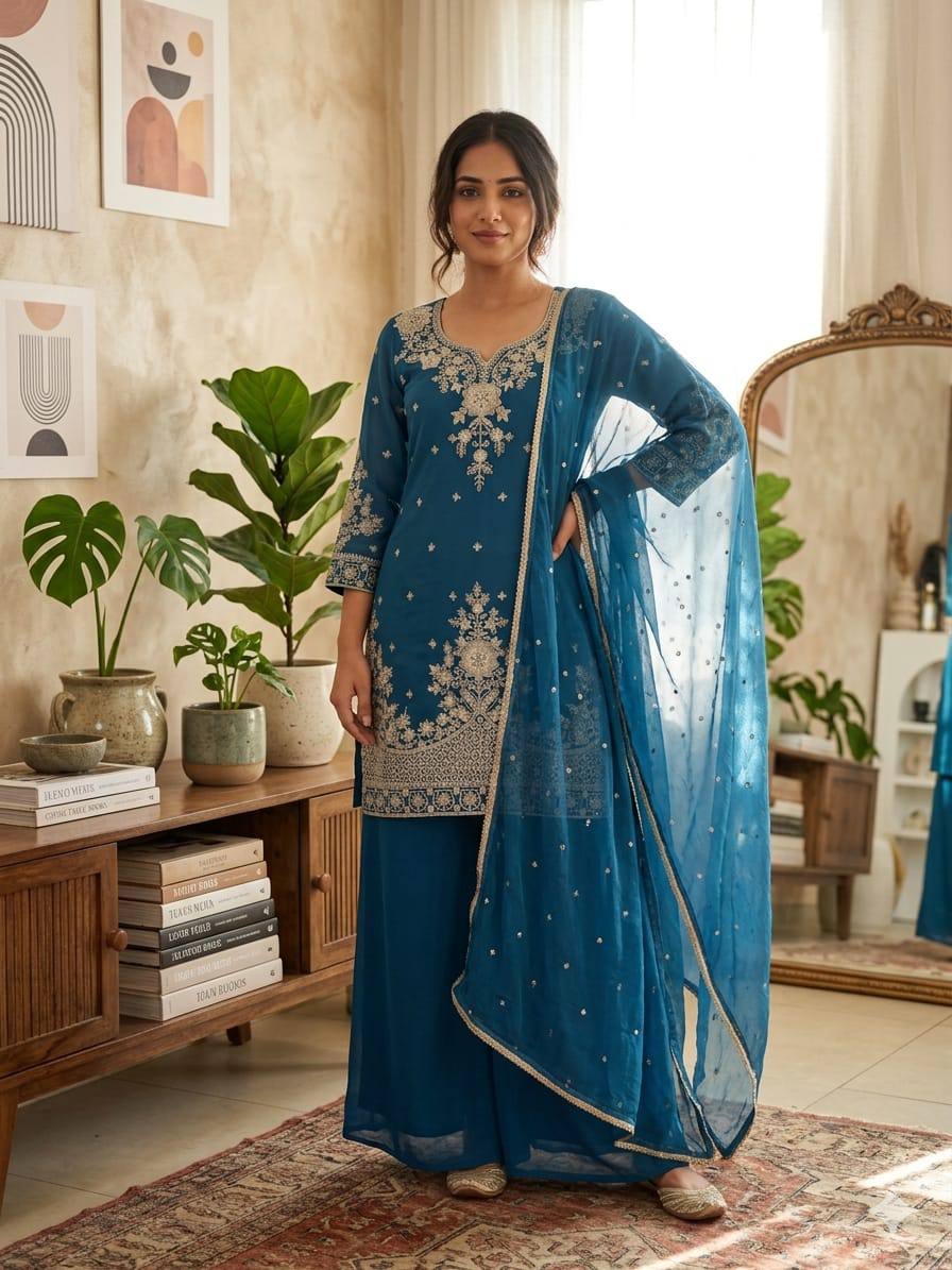 Luxury Fusion Style Designer Ensemble – Elegant Roman Silk Set with Embroidery, Sequins & Nazmeen Dupatta