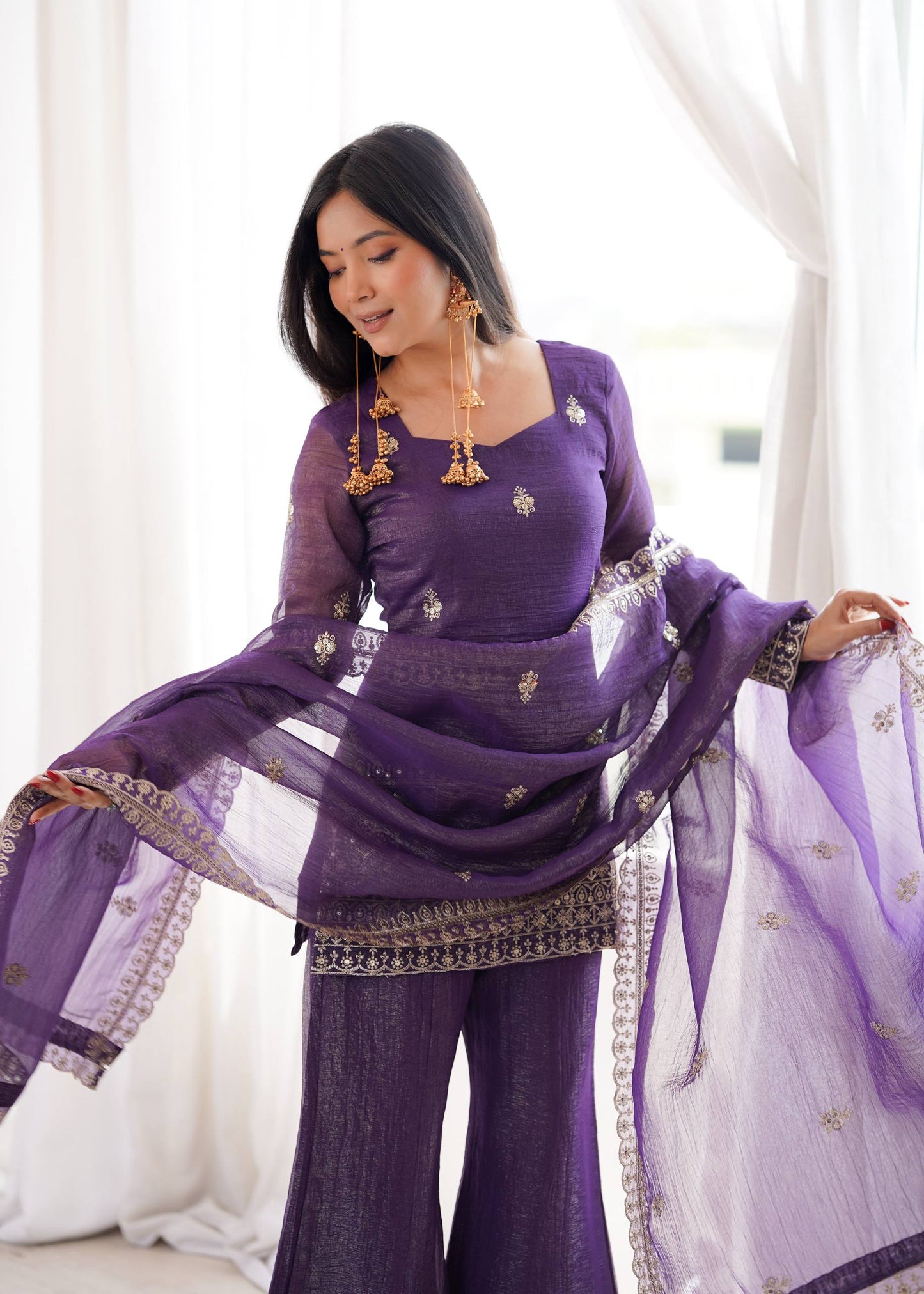 Elegant Ready-to-Wear Crunchy Silk Ensemble with Embroidered Sequences, Jari Detailing, Dupatta, and Bell-Bottom Pants