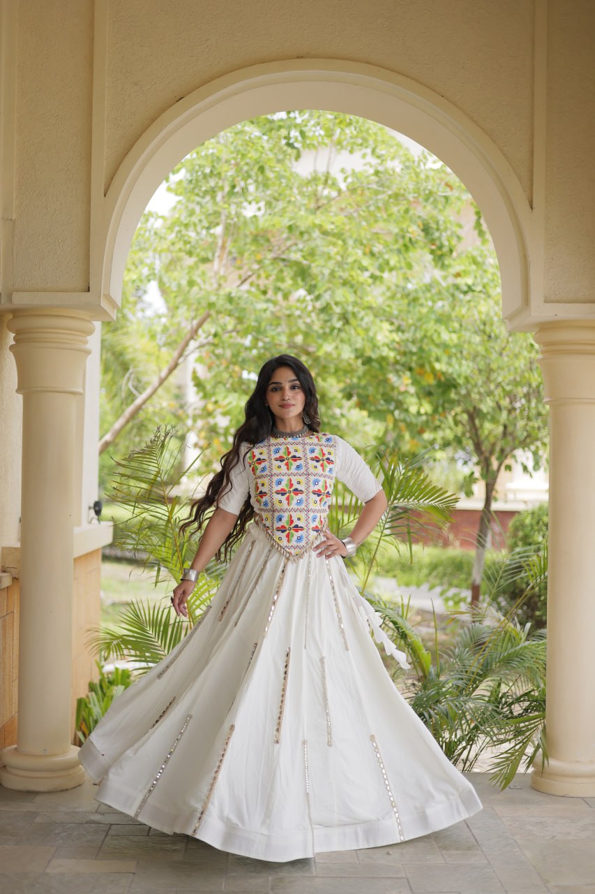 RangBhoomi Navratri Reflective Rayon Lehenga Set with Mirror & Gota Lace (Black, Maroon, White)