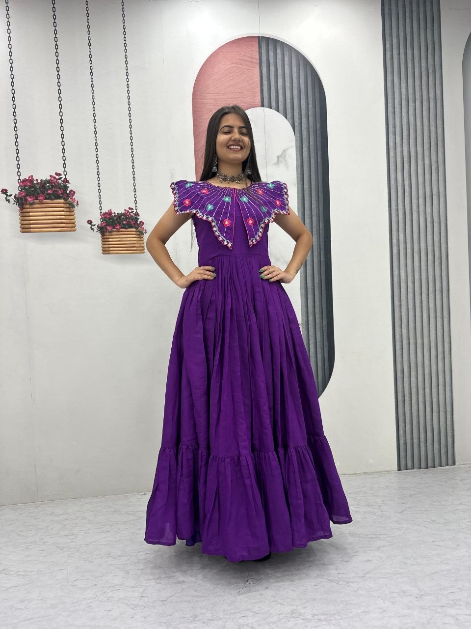Trendy Hand-Embroidered Roman Fabric Gown with Soft Micro Cotton Lining, Fully Stitched, Available in Sizes M to XL and Beyond