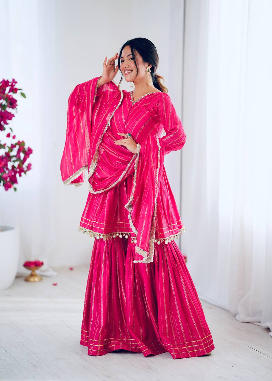 Elegant Women's Ethnic Ensemble with Real Mirror and Handwork – Ready-to-Wear Mal Chanderi Set with Sharara Palazzo and Mirror Lace Dupatta