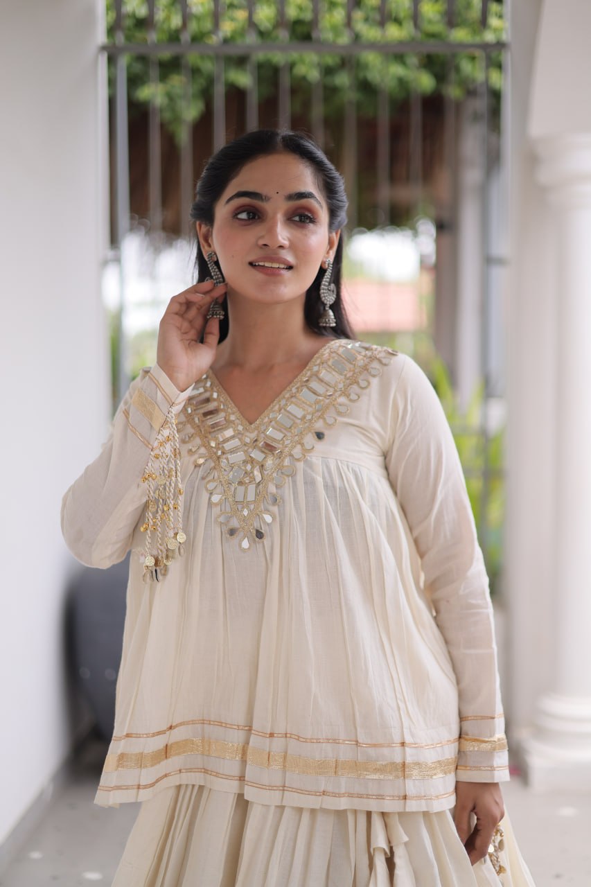 RangBhoomi Navratri Kora Cotton Full-Stitched Lehenga & Blouse Set with Mirror and Gota Work