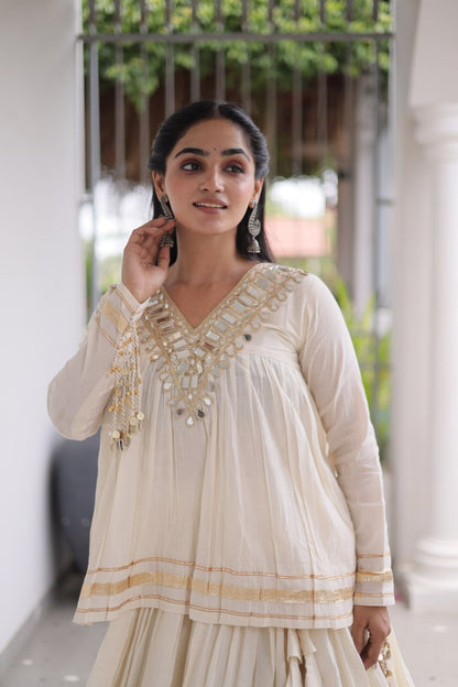 RangBhoomi Navratri Kora Cotton Full-Stitched Lehenga & Blouse Set with Mirror and Gota Work