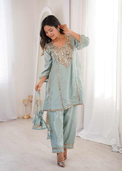 Ready-to-Wear Kurti and Pant Set with Decorative Drawstring Bag - Mirror Embroidered Collection 2026