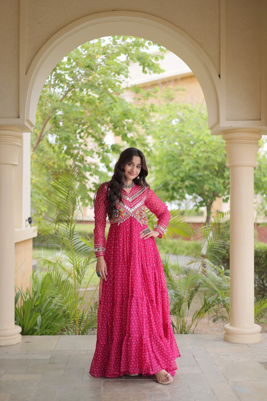 RangBhoomi Bandhani & Kutchi Patchwork Faux Georgette Gown — Navratri Special