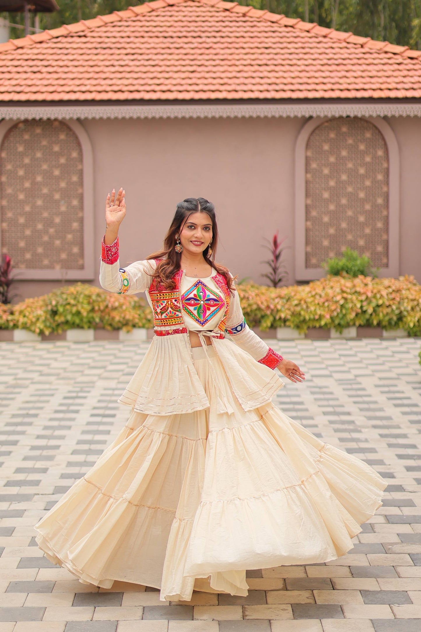 Navratri Special Gamthi Embroidery Lehenga Choli with Mirror and Ribbon Lace – Pure Cotton, Fully Stitched, 9 Meter Flair