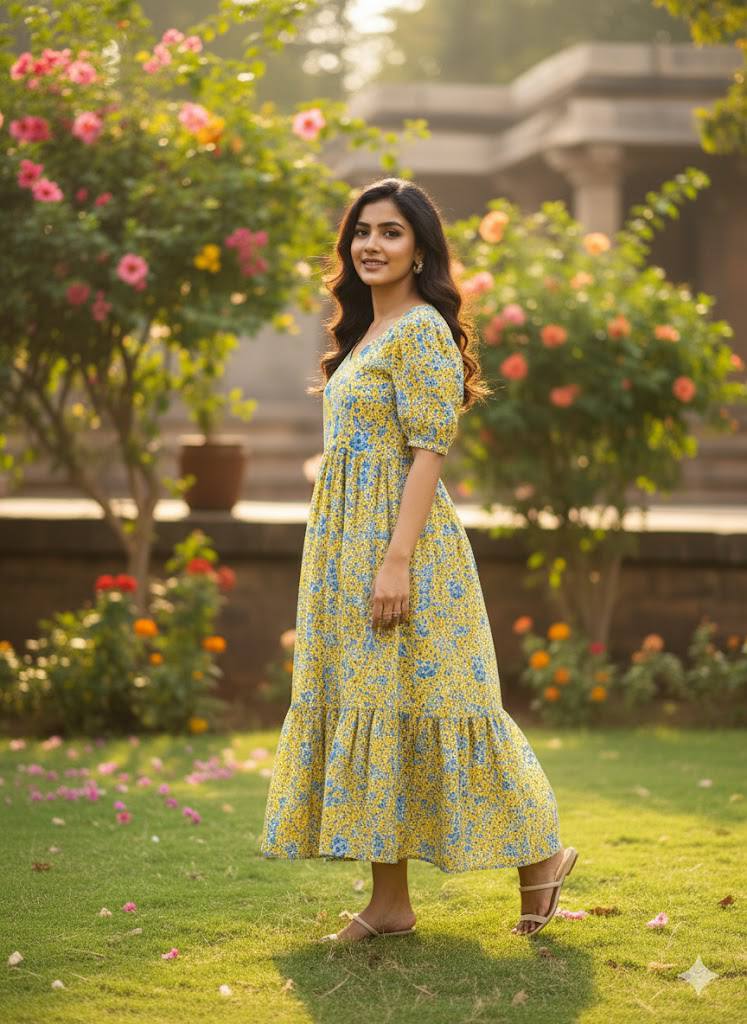 Woman wearing a flowing yellow floral maxi dress with tiered hem.