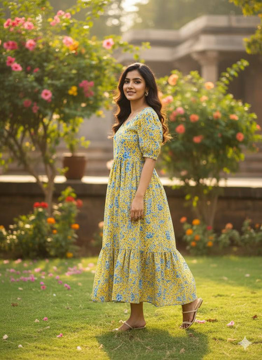 Woman wearing a flowing yellow floral maxi dress with tiered hem.