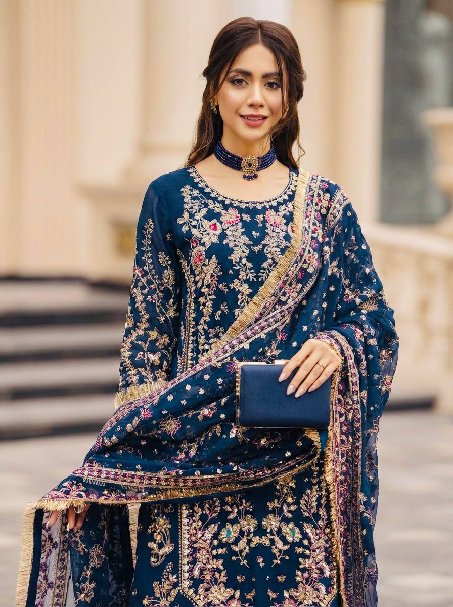 Elegant Ready-to-Wear Designer Set in Faux Georgette with Intricate Heavy Embroidery and Sequins - Fully Stitched Top, Bottom, and Dupatta