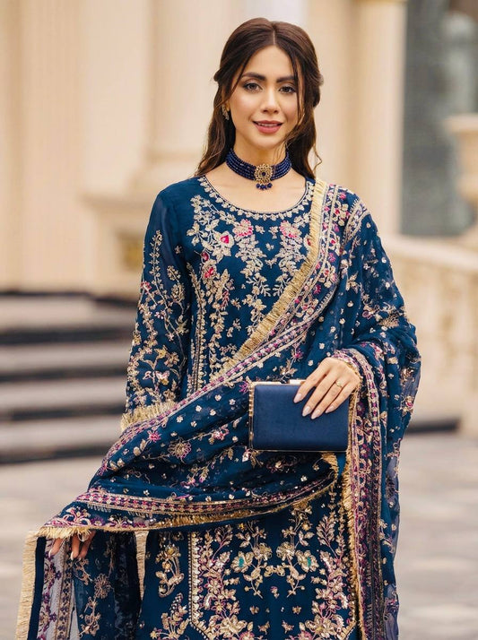 Elegant Ready-to-Wear Designer Set in Faux Georgette with Intricate Heavy Embroidery and Sequins - Fully Stitched Top, Bottom, and Dupatta