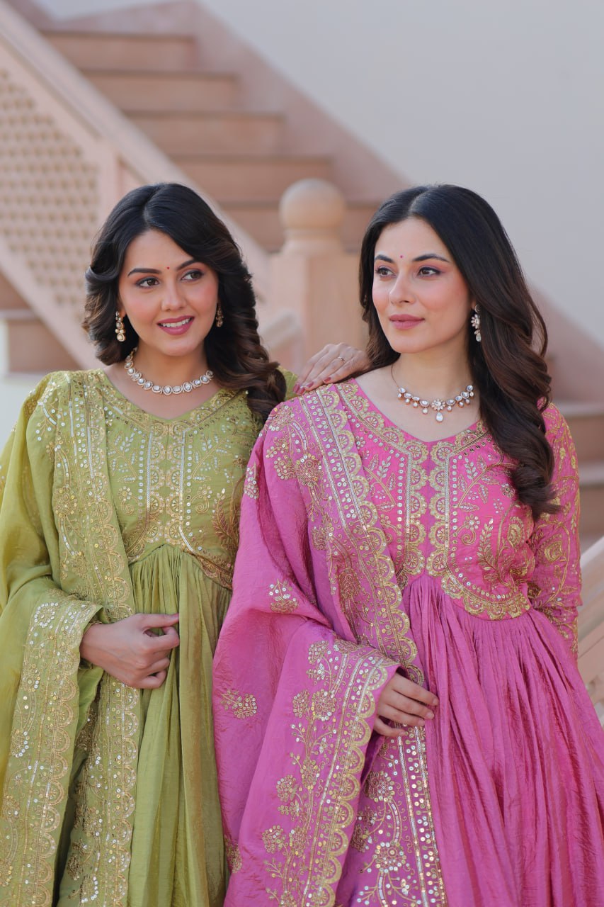 Trending Gold Gown: Crush Fabric, Embroidered Dupatta