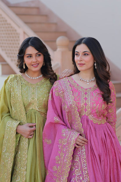 Trending Gold Gown: Crush Fabric, Embroidered Dupatta