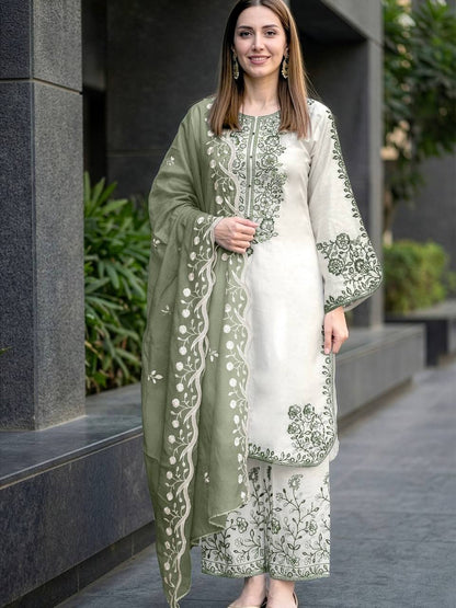 Elegant Party Wear Set Featuring Premium Roman Glass Embroidered Top with Fancy Bell Sleeves and Stylish Palazzo Pants with Dupatta