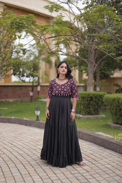 RangBhoomi Navratri Embroidered Kora Cotton Gown — 54" Length, Half Sleeve (Maroon / Black)
