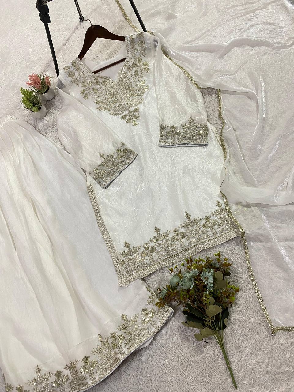 Elegant and Comfortable Wedding Season Suit Set with Sequined Embroidered Top, Palazzo Pants, and Lace-Trimmed Dupatta by RangBhoomi