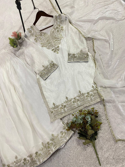 Elegant and Comfortable Wedding Season Suit Set with Sequined Embroidered Top, Palazzo Pants, and Lace-Trimmed Dupatta by RangBhoomi