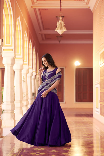Regal Mist Designer Ensemble with Intricate Embroidery and Luxurious Rangoli Silk