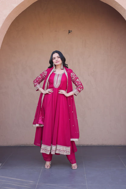 RangBhoomi Premium Readymade Gown Set with Pant & Dupatta - Faux Blooming Embroidered