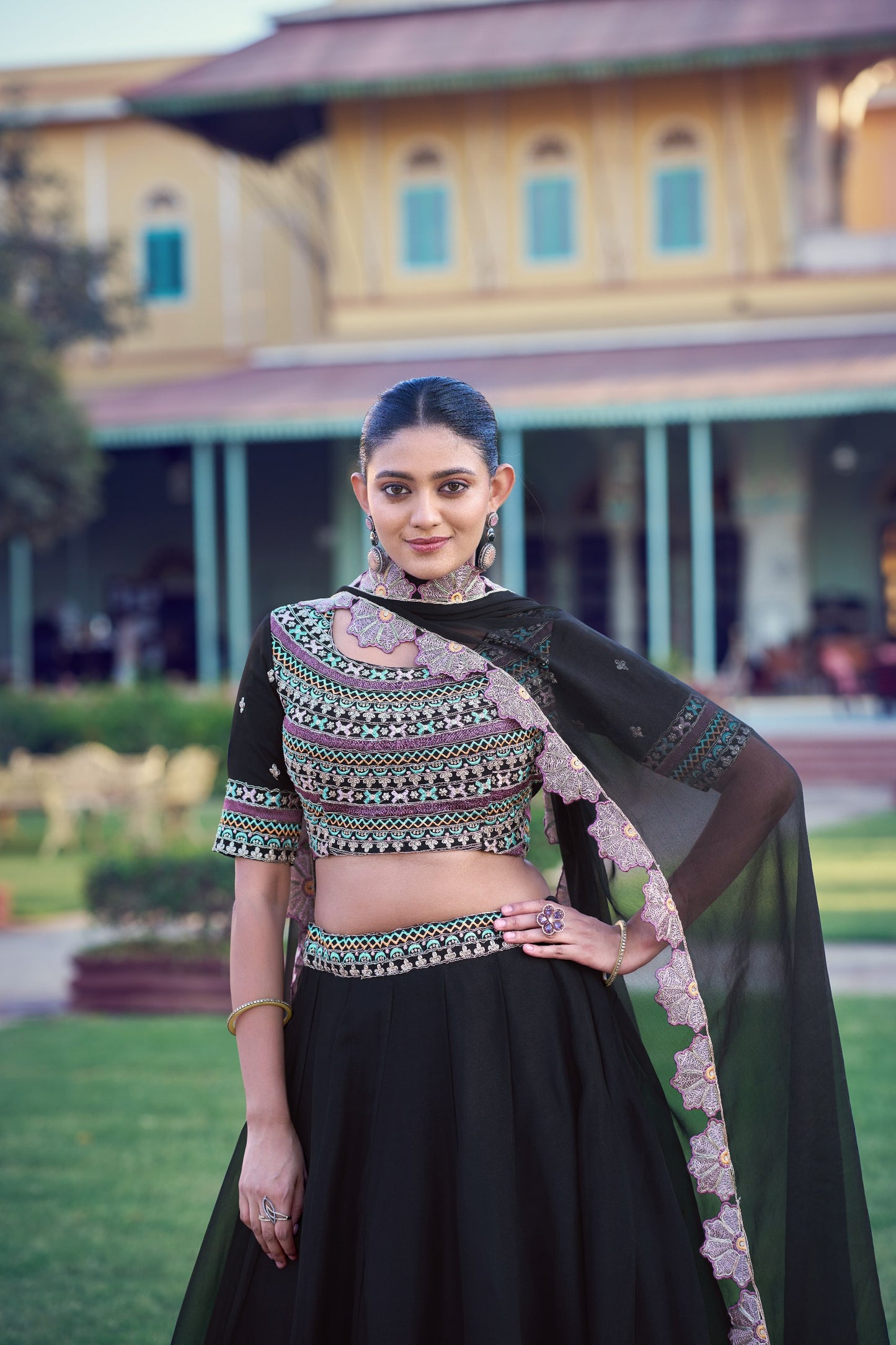 RangBhoomi Black Aurum Georgette Lehenga with Thread & Sequins Embroidery