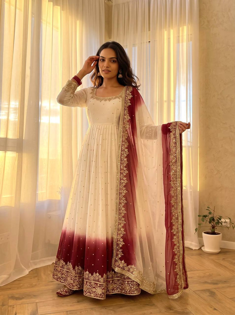 RangBhoomi Dual Tone Embroidered Georgette Anarkali Gown Set with Dupatta & Bottom