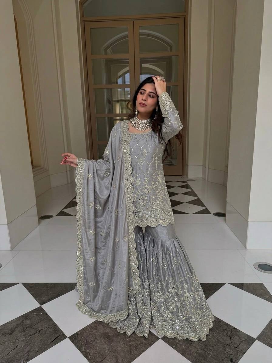 Elegant Sharara Set in Luxurious Heavy GMY Silk with Intricate Mirror and Sequins Embroidery – Top, Bottom, and Dupatta Ready to Wear by RangBhoomi
