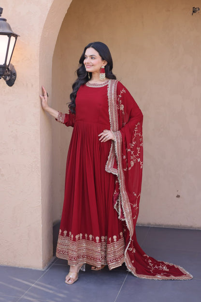 RangBhoomi Premium Maroon Embroidered Faux Blooming Ready‑Made Gown with Dupatta