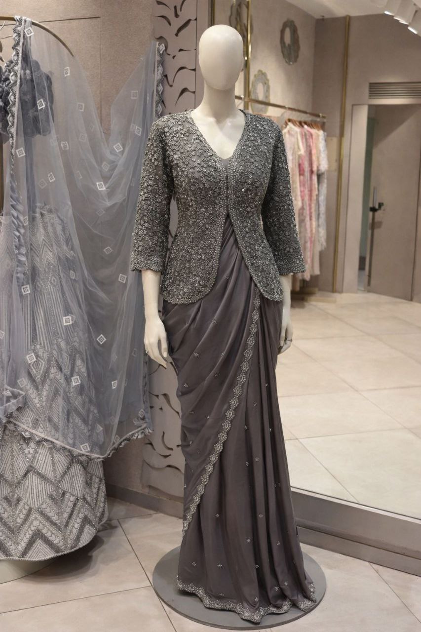 Trending Party Jacket with Saree Featuring Exquisite Embroidery Work