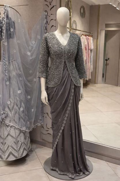 Trending Party Jacket with Saree Featuring Exquisite Embroidery Work
