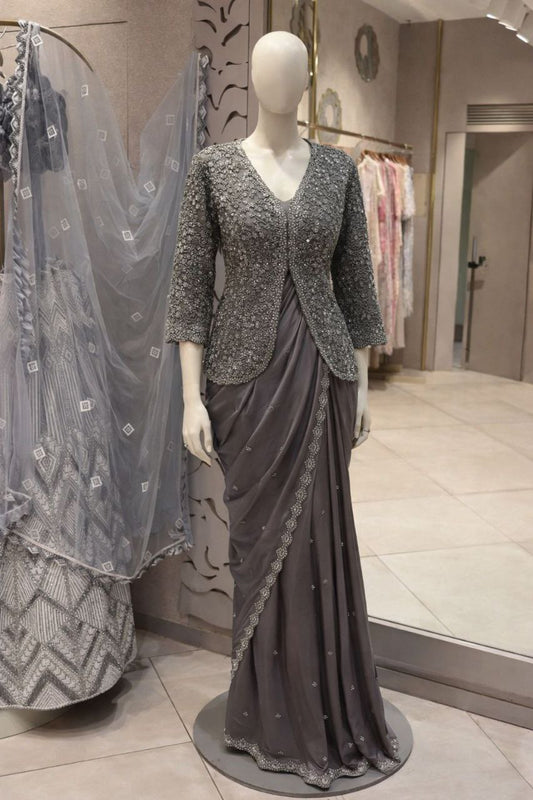Trending Party Jacket with Saree Featuring Exquisite Embroidery Work