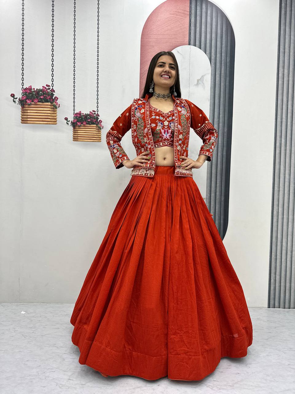 Festival Special Vichitra Silk Crop Top Lehenga Jacket Set with Heavy Thread and Sequin Embroidery by RangBhoomi