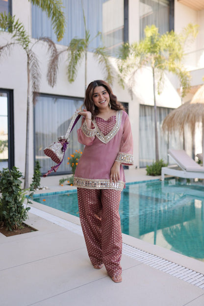 RangBhoomi Ready-Made Elegant Top and Pants Set with Matching Batwa