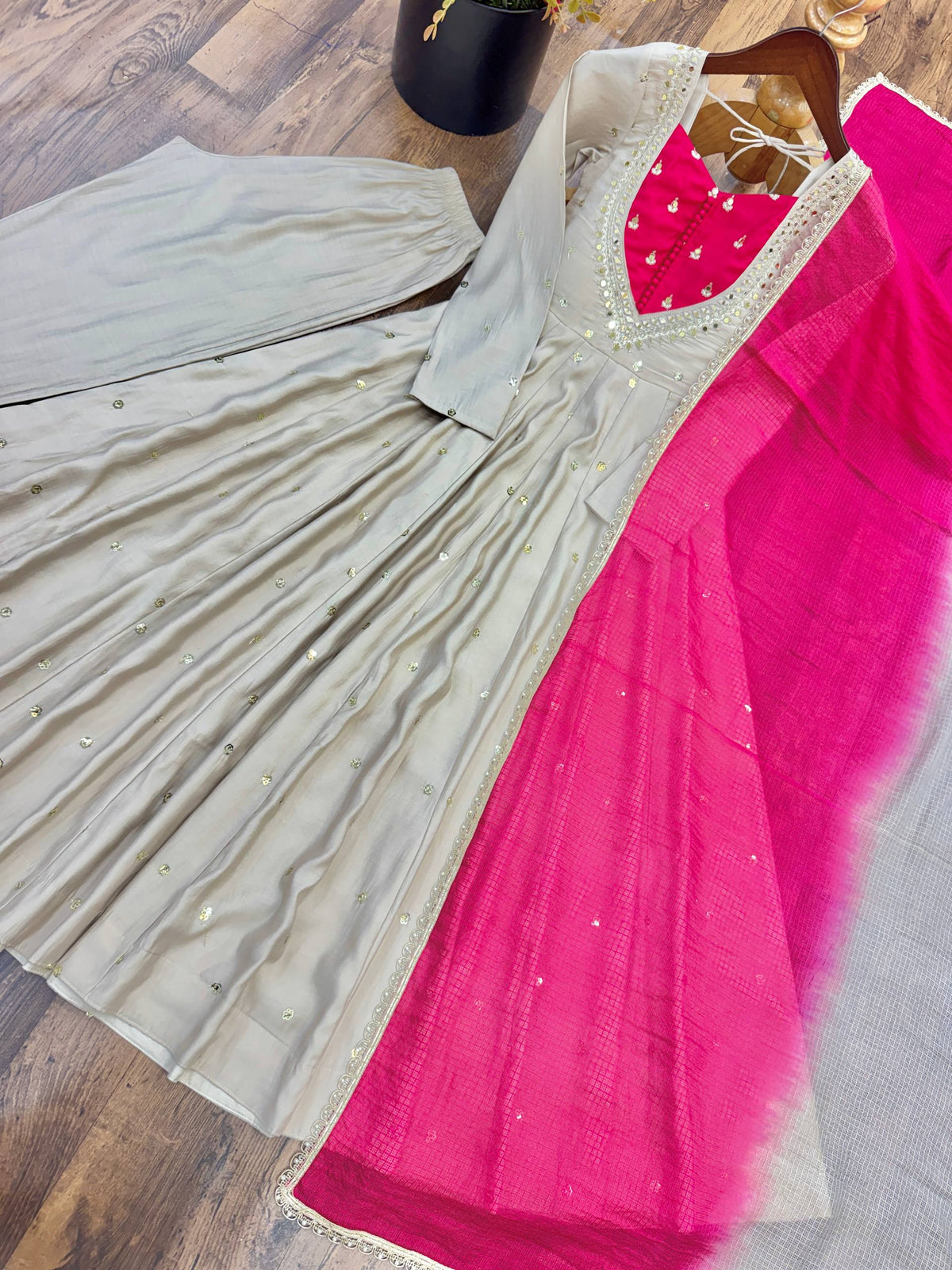 RangBhoomi Roman Silk Anarkali Set with Mirror Embroidery & Kota Chexs Dupatta - Ready-to-Wear