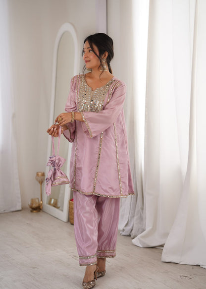 Ready-to-Wear Kurti and Pant Set with Decorative Drawstring Bag - Mirror Embroidered Collection 2026