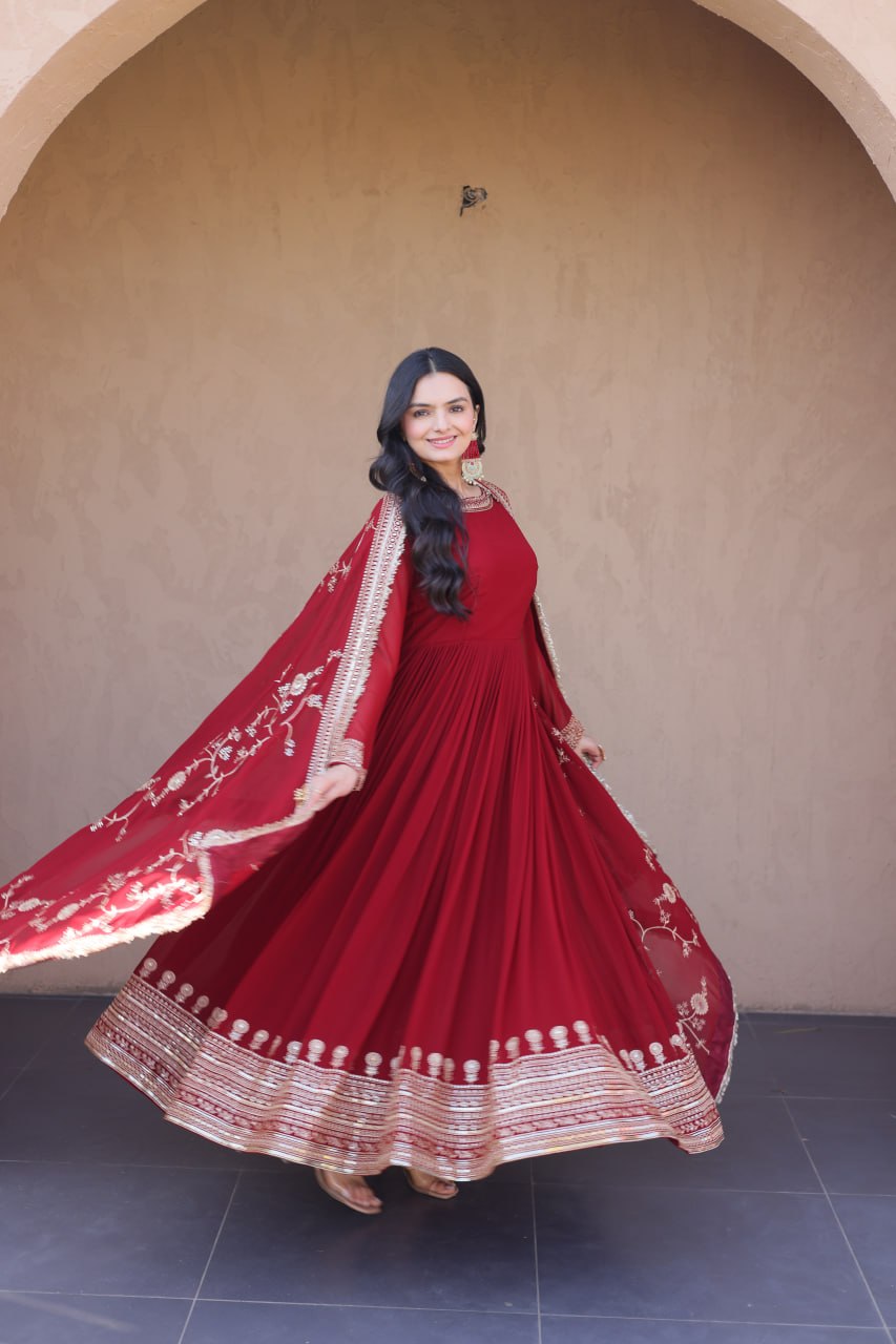RangBhoomi Premium Maroon Embroidered Faux Blooming Ready‑Made Gown with Dupatta