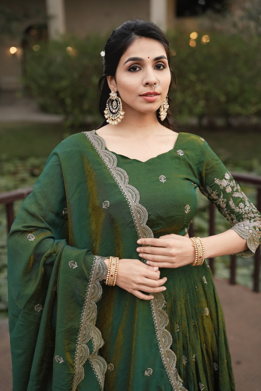 Elegant Olive Green Embroidered Lehenga Set for Festive and Wedding Celebrations