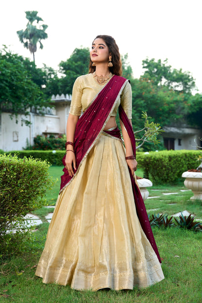 RangBhoomi Exclusive Kanchipuram Silk Lehenga Set with Zari Weaving and Embroidered Vichitra Silk Dupatta