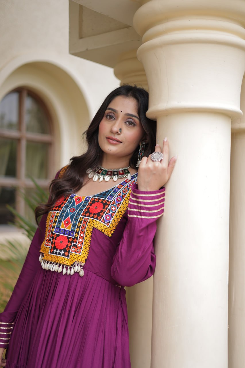 RangBhoomi Navratri Gown Collection 2026 — Wine, Rama & White Embroidered Mirror Work Gown