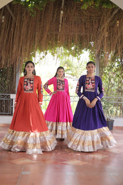 RangBhoomi Navratri Gown Collection 2026 — 14KG Rayon Kutchi Gamthi Thread Work, 12m Flair
