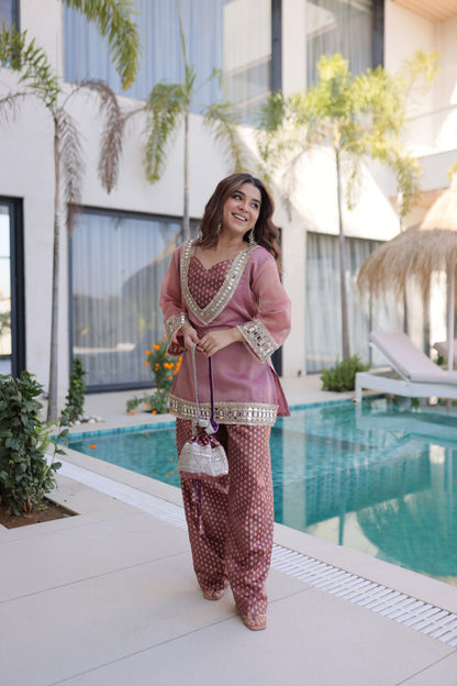 RangBhoomi Ready-Made Elegant Top and Pants Set with Matching Batwa
