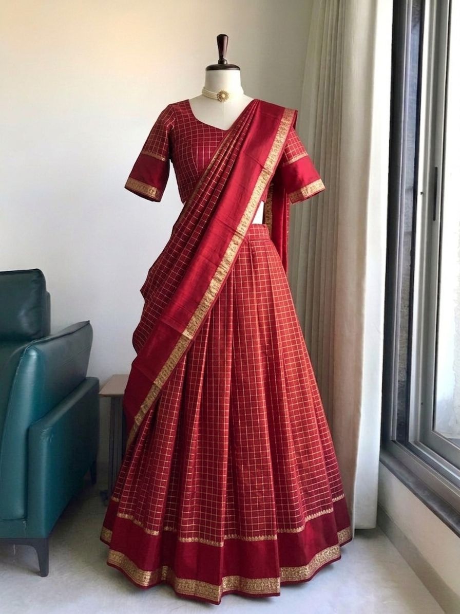 Elegant Pure Viscose Georgette Lehenga Choli Set with Zari Weaving and Hand-Dyed Chex Pattern