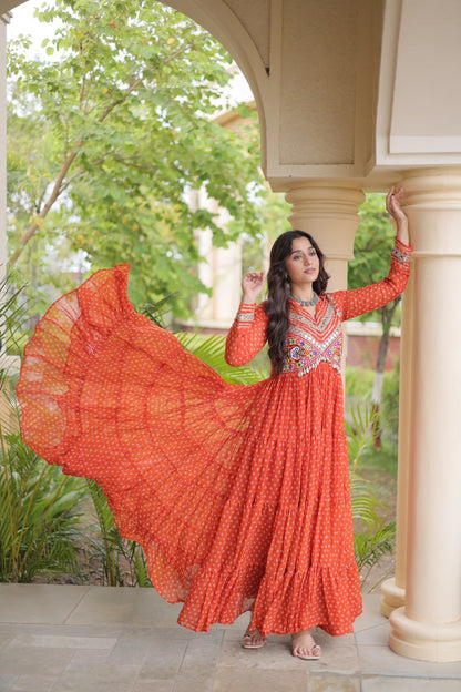 RangBhoomi Bandhani & Kutchi Patchwork Faux Georgette Gown — Navratri Special