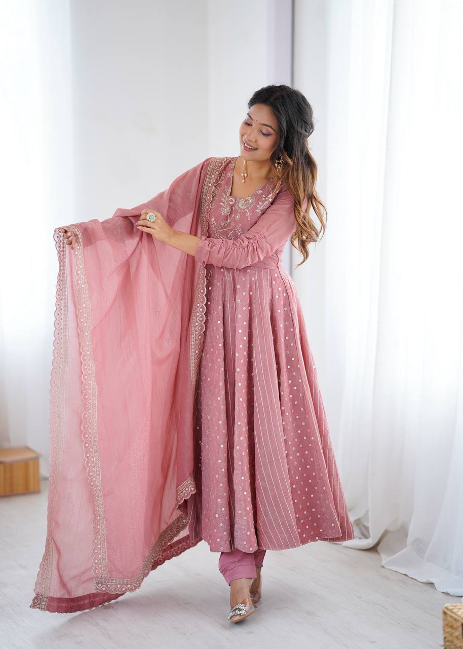 Festive Ready-to-Wear Fully Stitched Anarkali Gown Set with Embroidered Sequins and Lace-Trimmed Dupatta