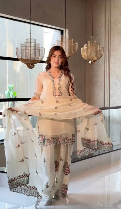 Exclusive Designer Party Wear Pure Fendi Silk Top with Farshi Palazzo and Elegant Dupatta Set