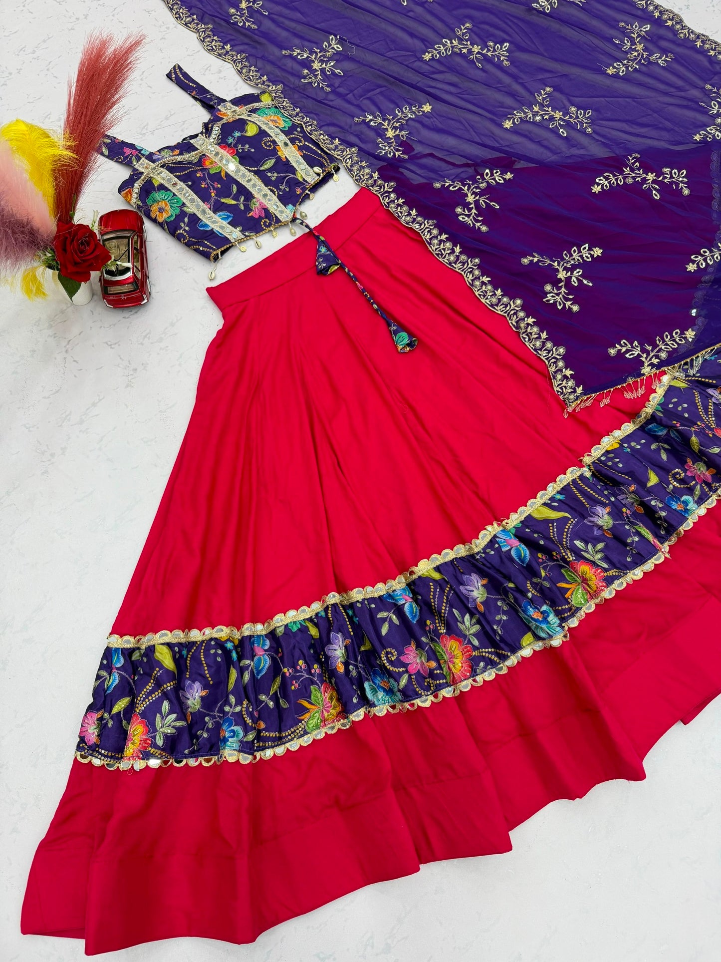 RangBhoomi Navratri Special Pure Cotton Lehenga Choli with 6m Flair & Heavy Embroidered Dupatta