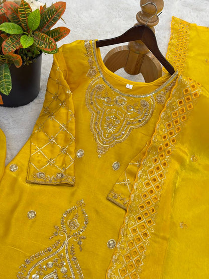 Elegant Designer Party Wear Top, Palazzos, and Dupatta Set with Intricate Heavy Embroidery and Beaded Detailing