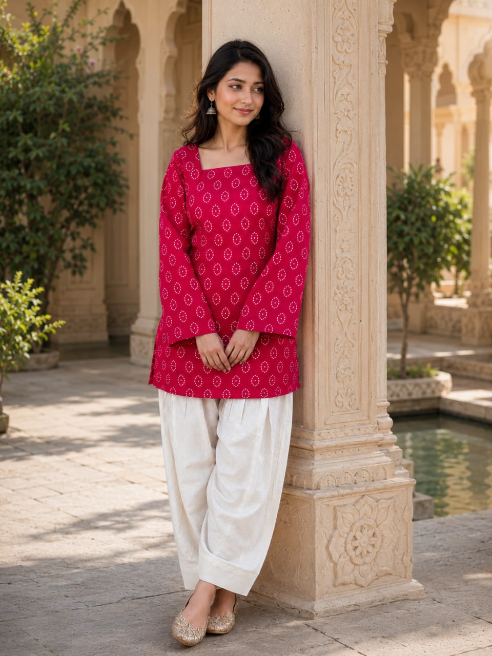 RangBhoomi Premium Cotton Bandhej Printed Top and Linen Cotton Farsi Style Pant Set