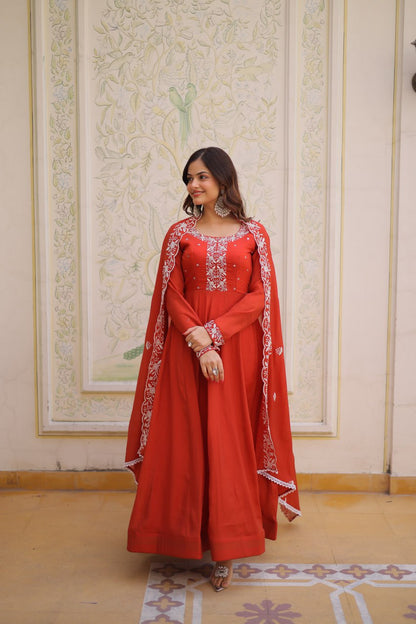 Elegant Mal Chanderi Gown and Dupatta Set with Bead Embroidery and Designer Cutwork Lace Border